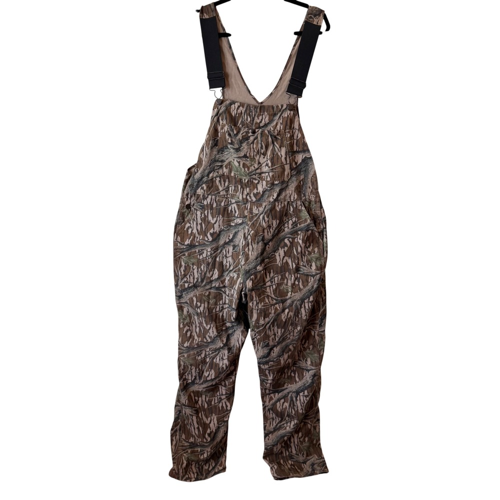 Vintage Mossy Oak Camo Bib Overalls Mens Large Made in USA Hunting Fishing Bark